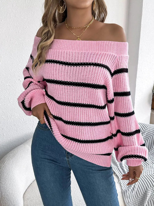 Off-Shoulder Striped Contrast Sweater by Trendsi