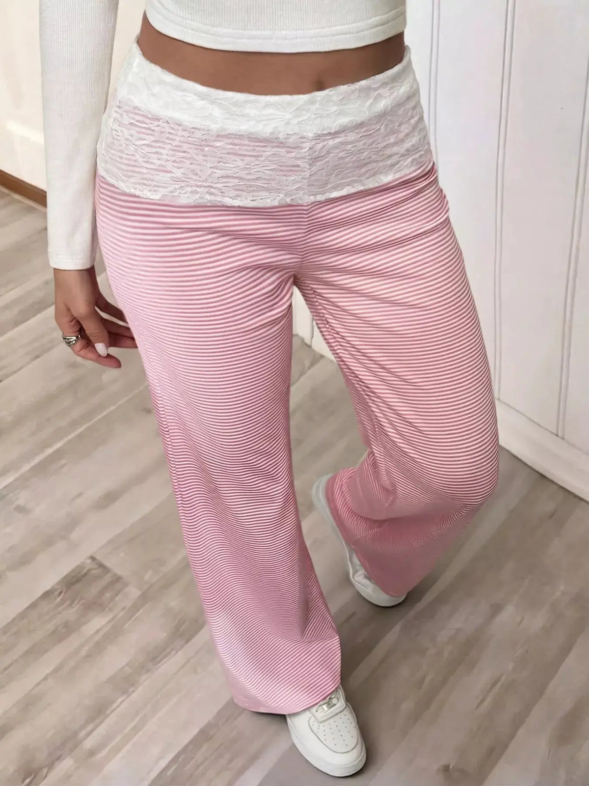 Lace Detail Striped Pants by Trendsi