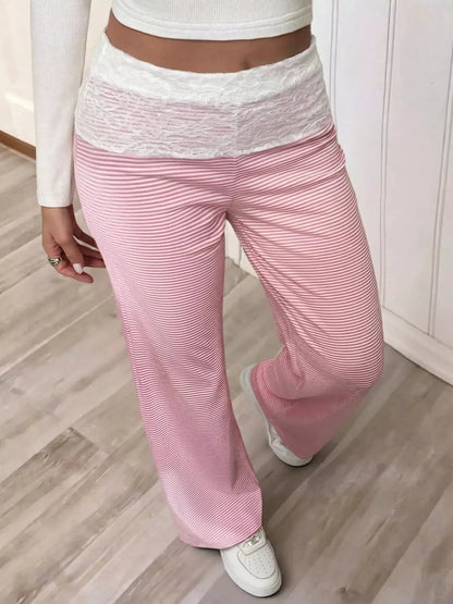 Lace Detail Striped Pants by Trendsi