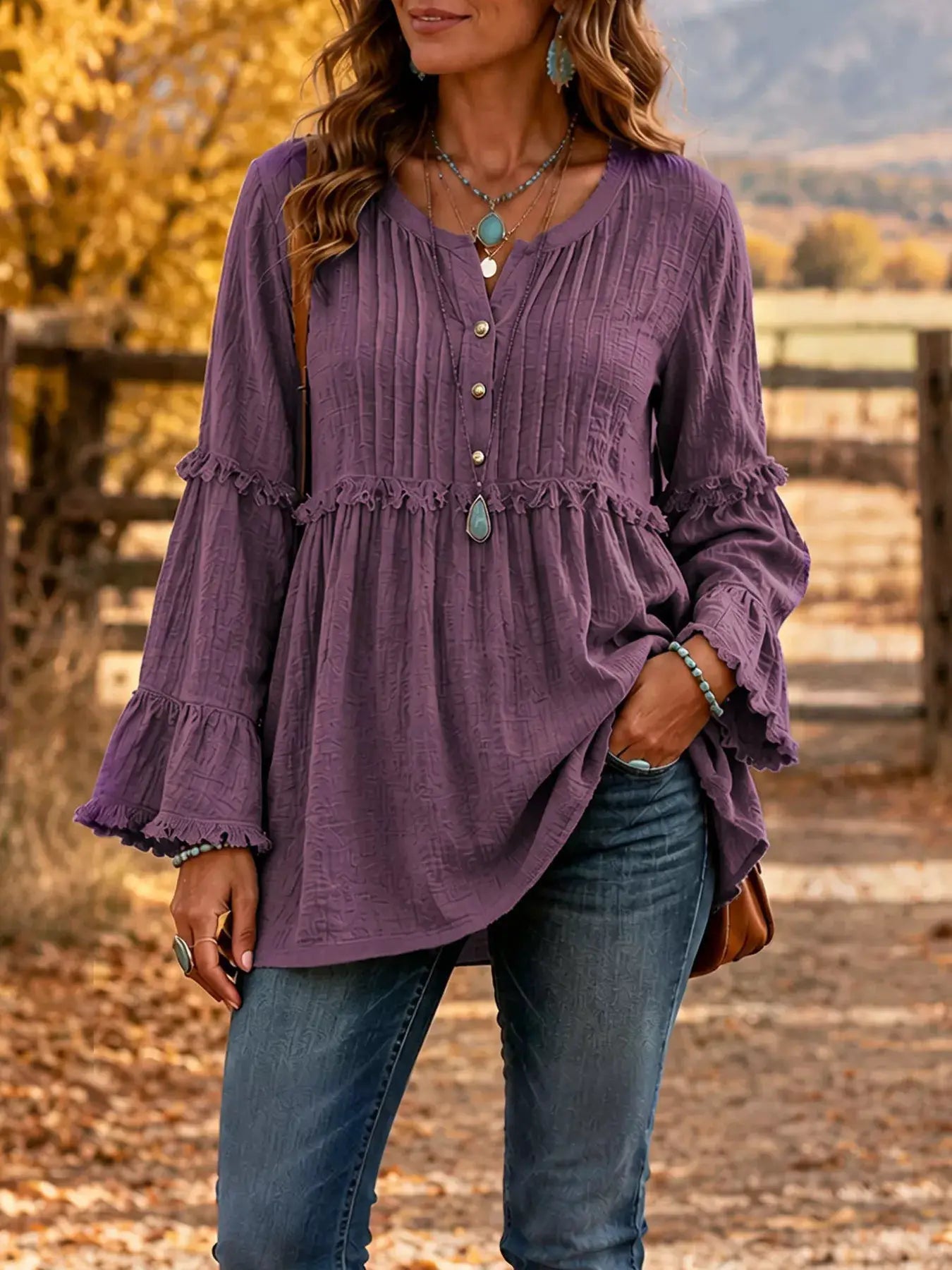 Full Size Frill Notched Long Sleeve Blouse Plus Size by Trendsi