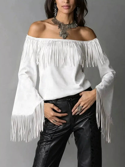 Full Size Fringed Off-Shoulder Flare Sleeve Top Plus Size by Trendsi