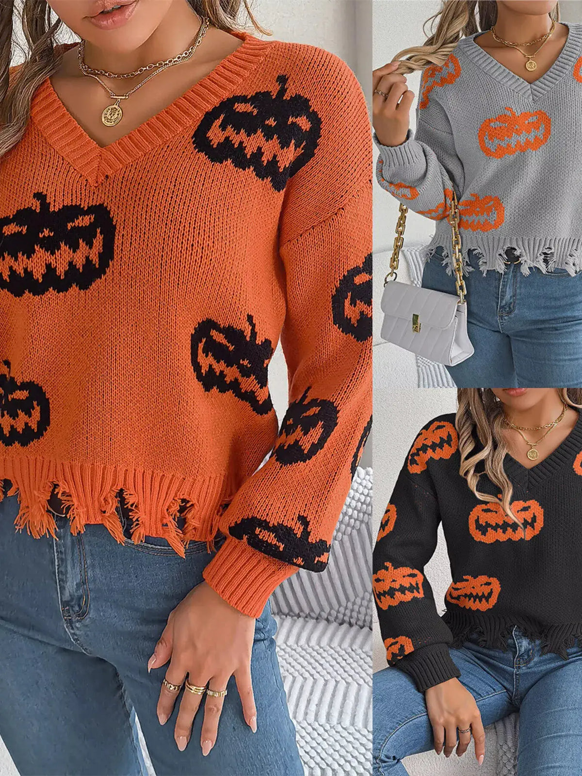 Pumpkin Distressed Hem Sweater by Trendsi