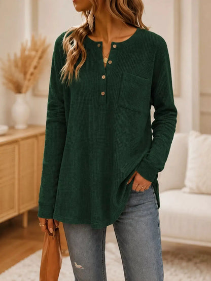 Waffle Knit Button Detail Top by Trendsi