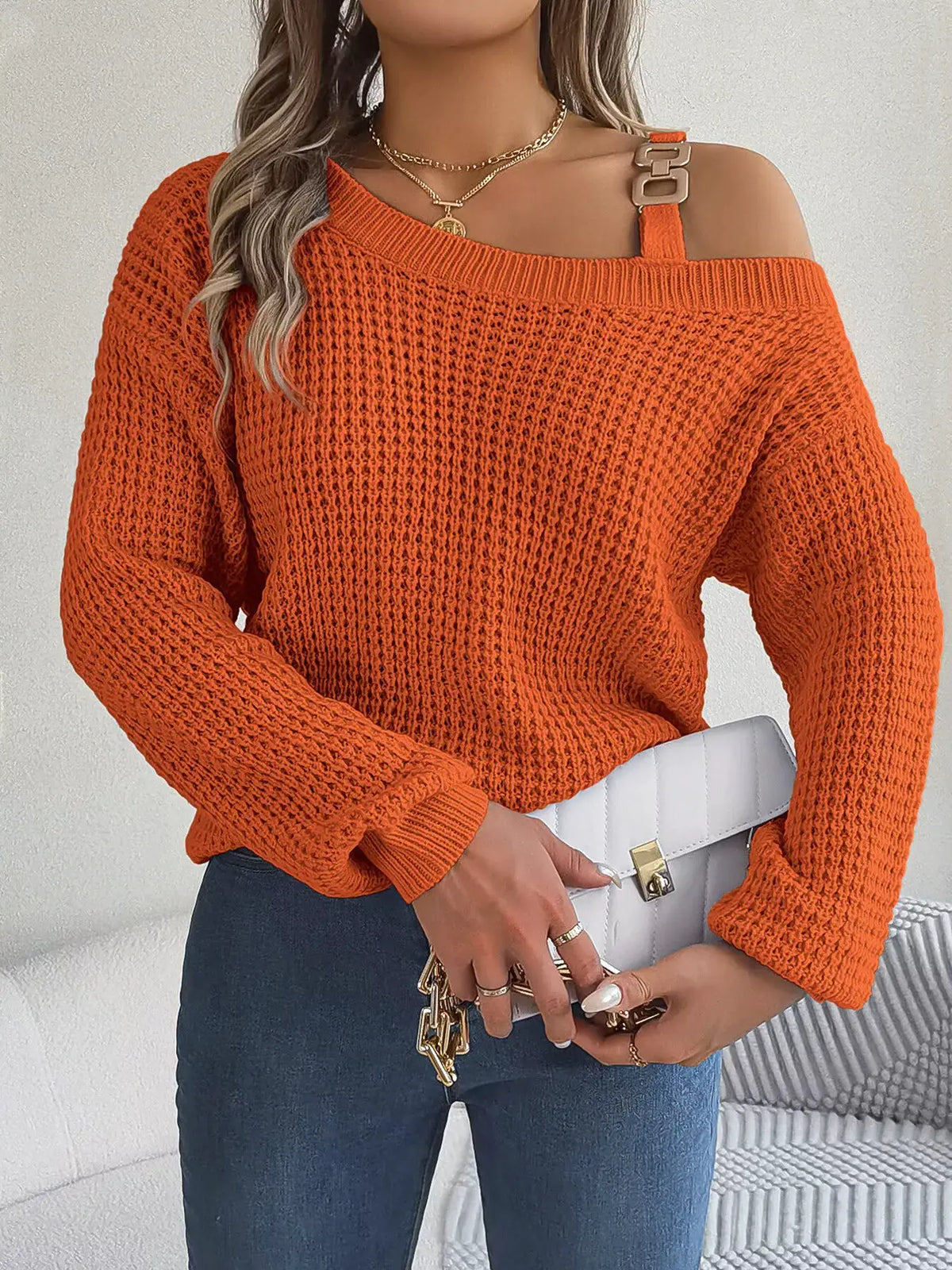 Asymmetrical Neck Long Sleeve Sweater by Trendsi