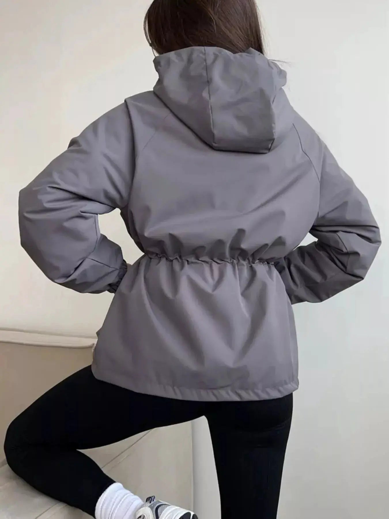 Drawstring Waist Hooded Windbreaker Outerwear by Trendsi