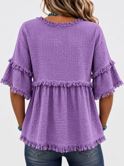 Full Size Frayed Edge Textured Blouse Plus Size by Trendsi