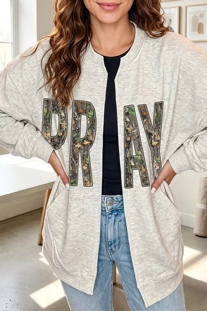 Camo Print PRAY Letter Open Front Tunic Sweatshirt by Trendsi