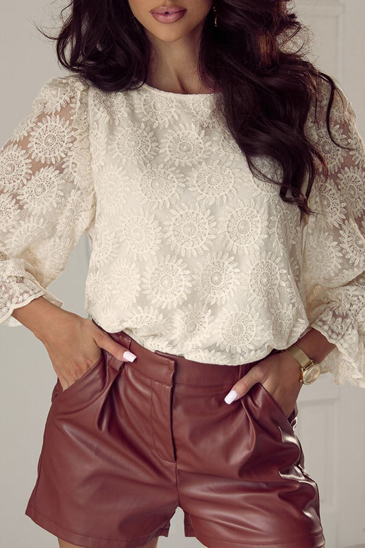 Flower Jacquard Flounce Sleeve Blouse