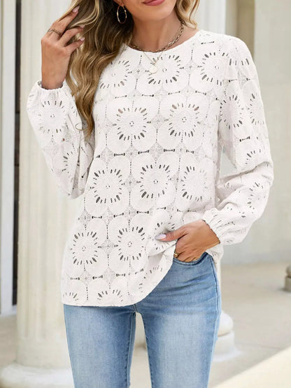 Floral Eyelet Lace Long Sleeve Blouse by Trendsi