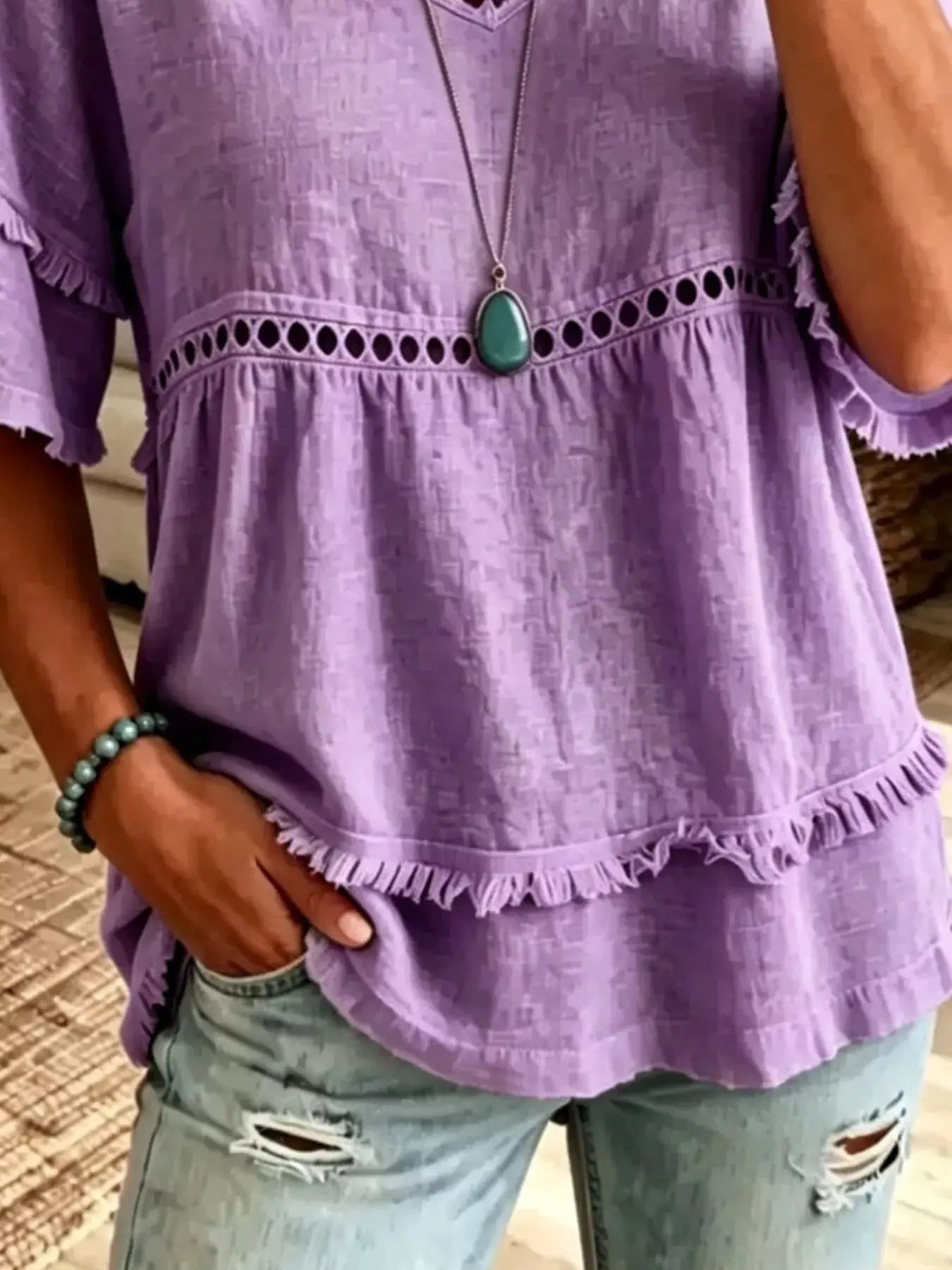 Eyelet V-Neck Frayed Edge T-Shirt by Trendsi