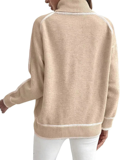 Full Size Contrast Trim Ribbed Hem Turtleneck Sweater Plus Size by Trendsi