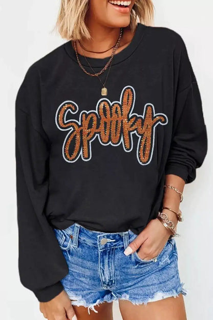Spooky Rhinestone Drop Shoulder Sweatshirt by Trendsi