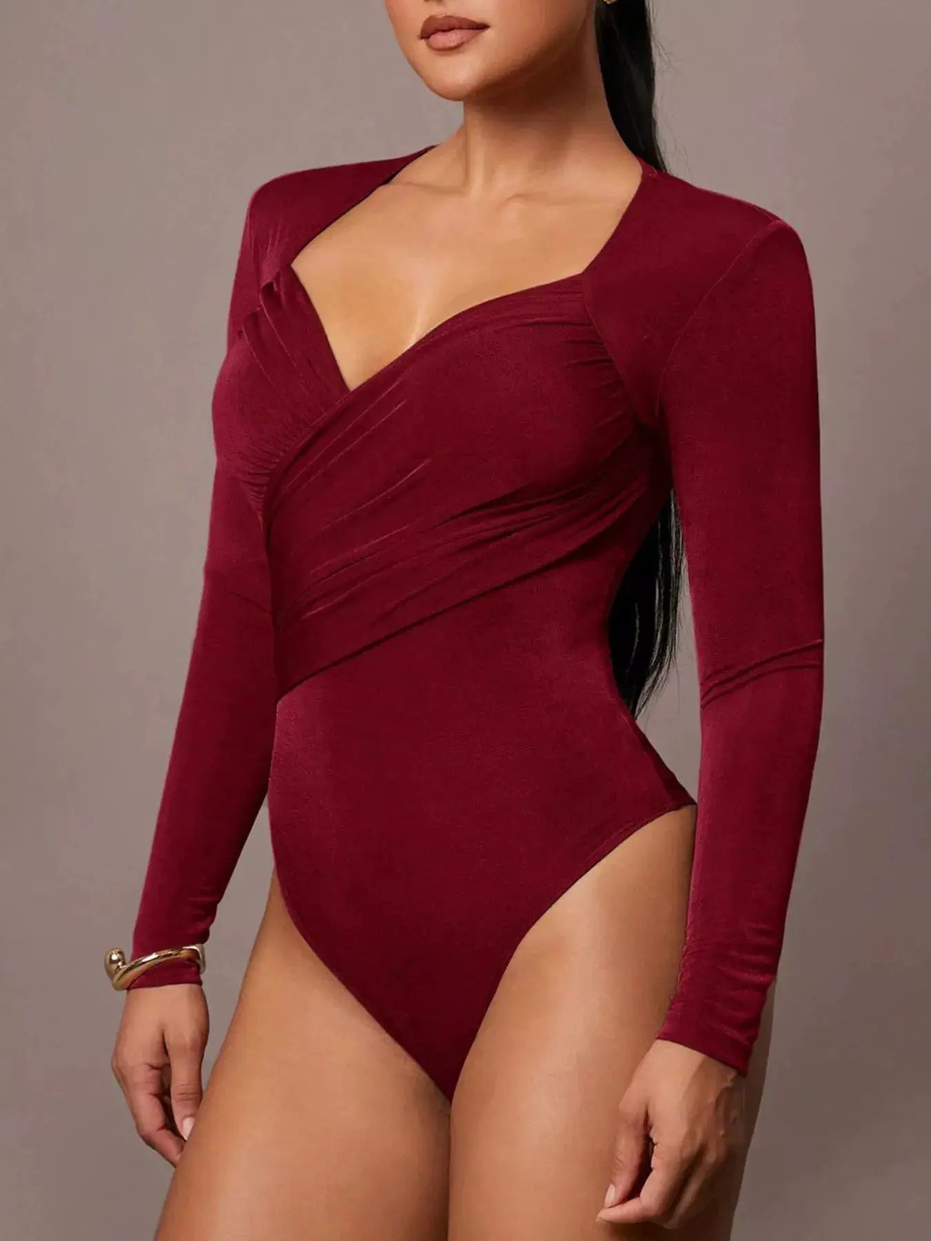Ruched Surplice Long Sleeve Bodysuit by Trendsi