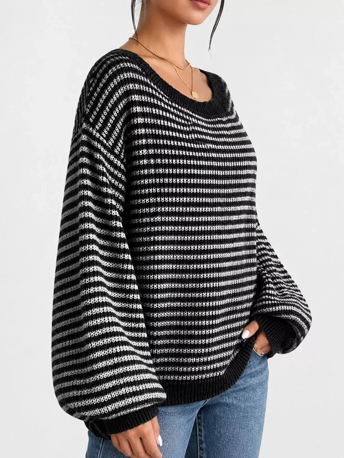 Striped Knit Boat Neck Sweater by Trendsi