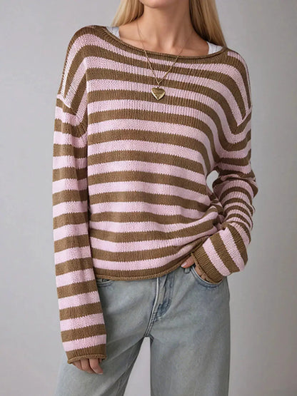 Casual Striped Boat Neck Sweater by Trendsi