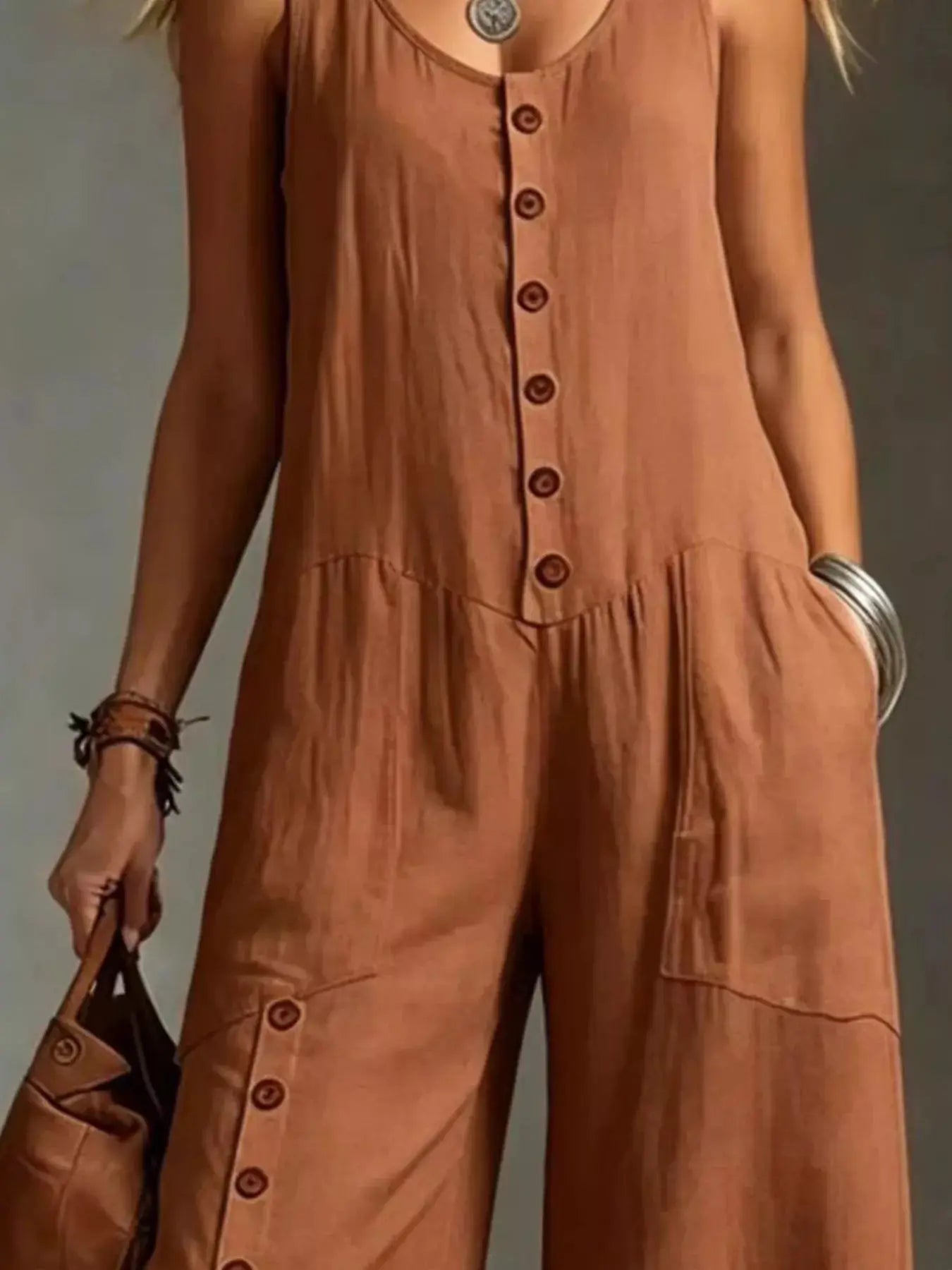Full Size Sleeveless Button-Down Wide-Leg Jumpsuit Plus Size by Trendsi