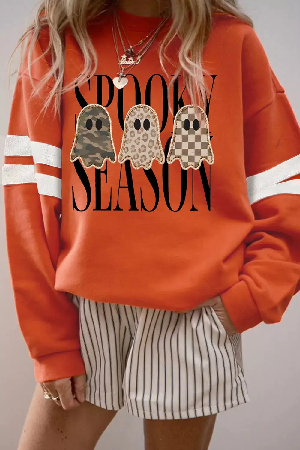 Spooky Season Ghost Graphic Varsity Striped Sleeve Halloween Pullover Sweatshirt by Trendsi