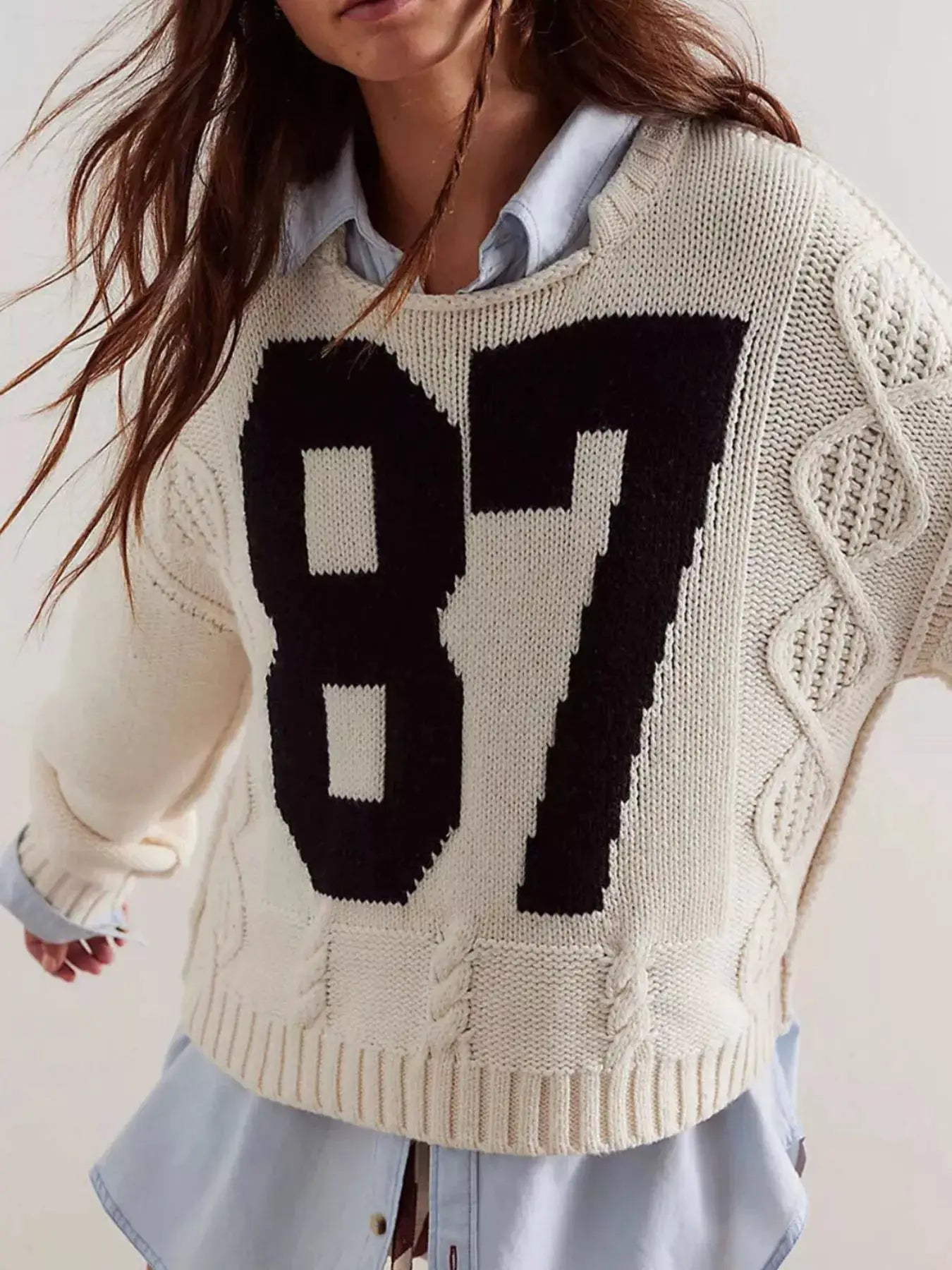 87 Number Cable-Knit Sweater by Trendsi