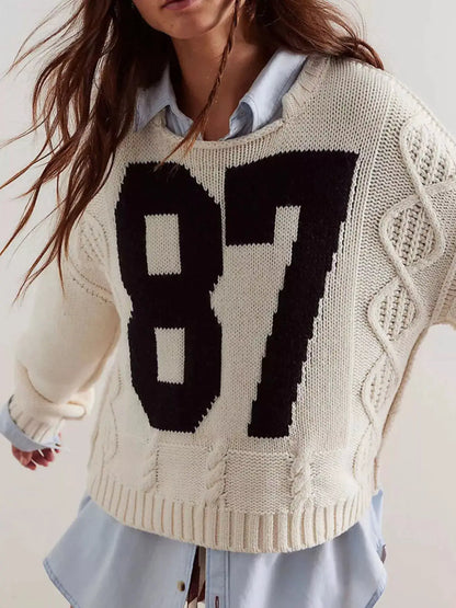 87 Number Cable-Knit Sweater by Trendsi