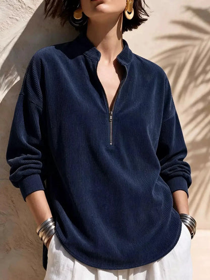 Full Size Half Zip Dropped Shoulder Corduroy Top Plus Size by Trendsi