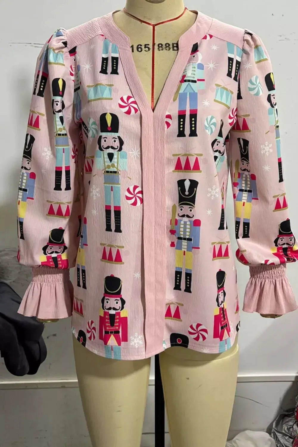 Nutcracker Print Notched Flounce Sleeve Blouse by Trendsi