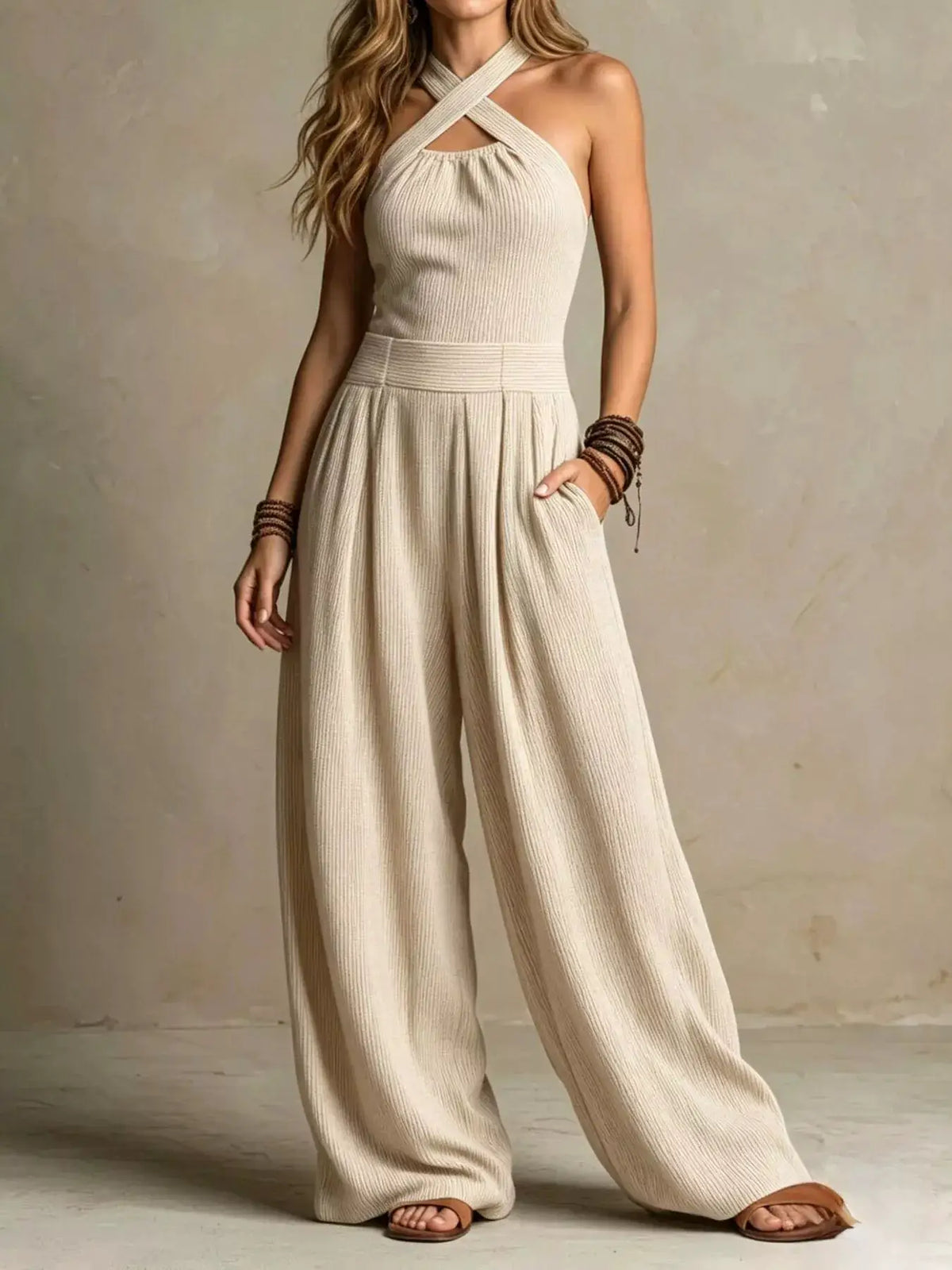Full Size Halter Neck Wide-Leg Jumpsuit Plus Size by Trendsi