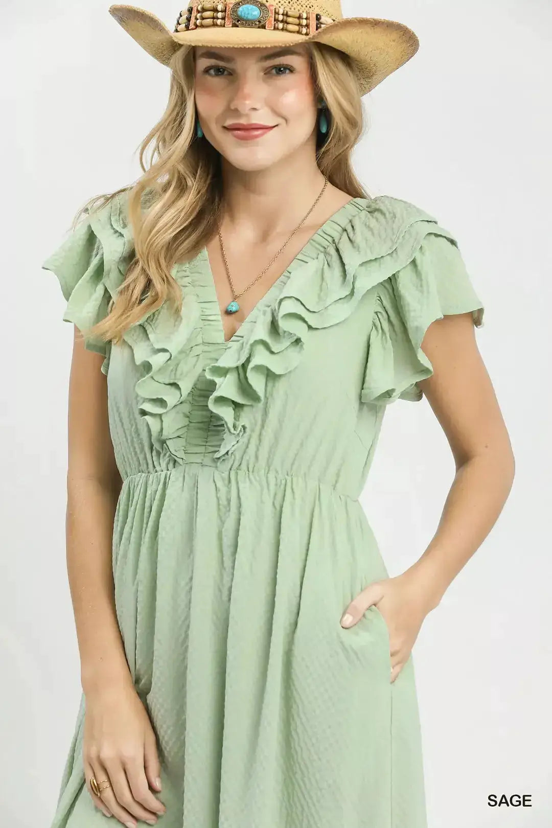 Umgee Textured Ruffle Midi Dress by Trendsi
