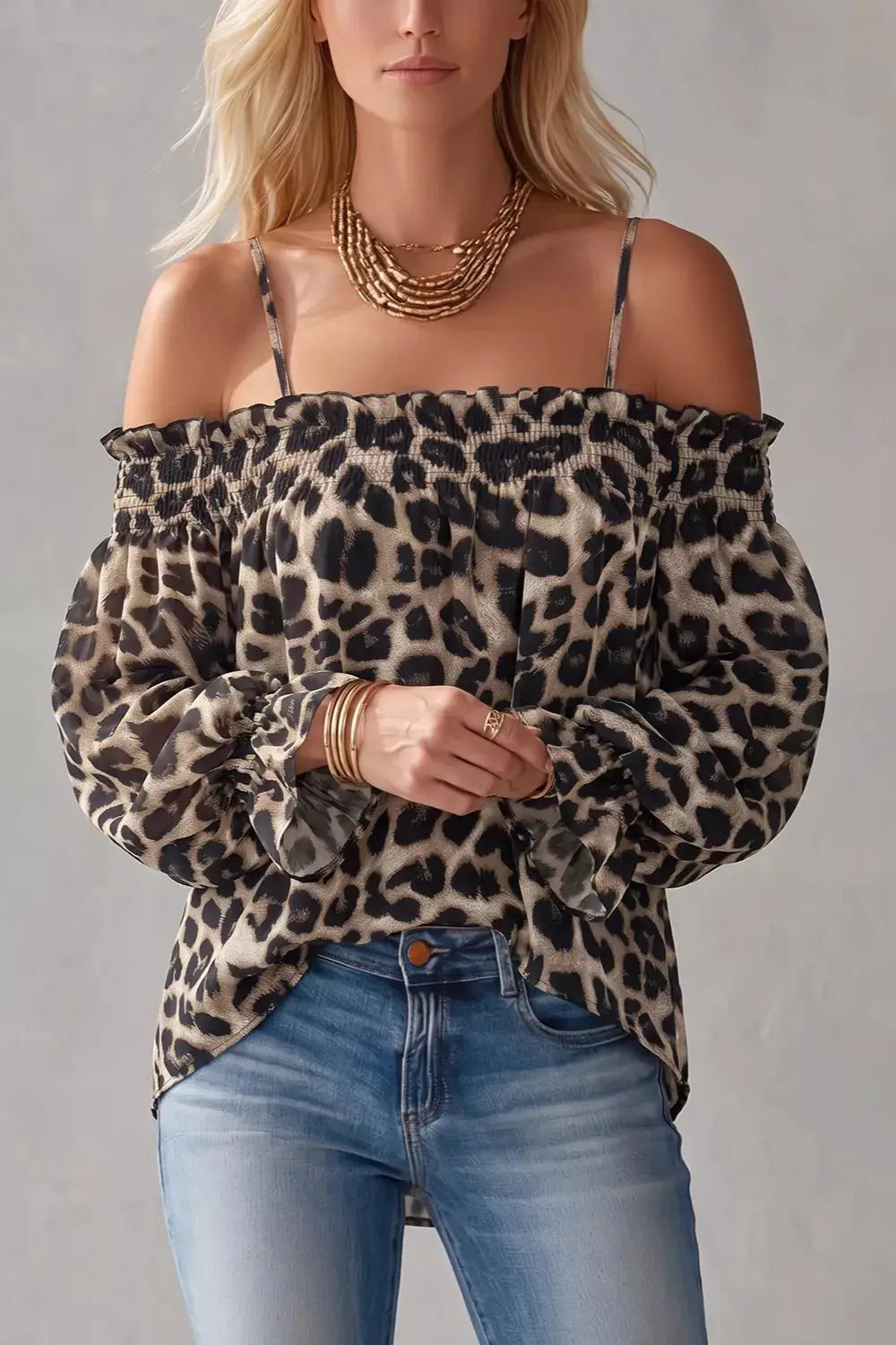 Spaghetti Strap Leopard Long Sleeve Blouse by Trendsi