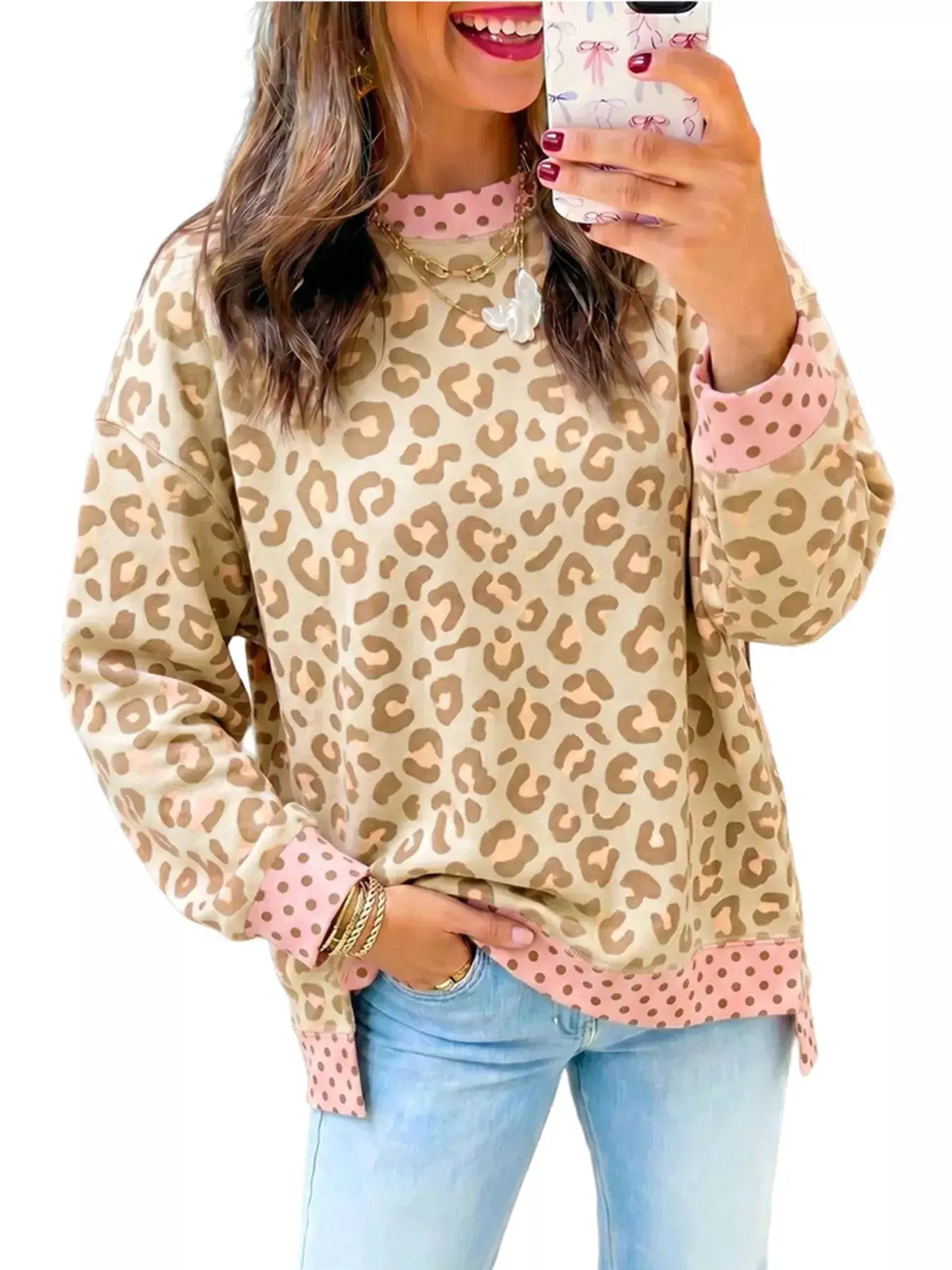 Side Slit Leopard Sweatshirt with Polka Dot Trim by Trendsi