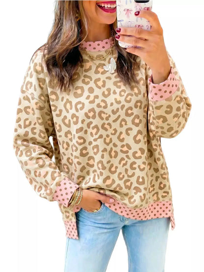 Side Slit Leopard Sweatshirt with Polka Dot Trim by Trendsi