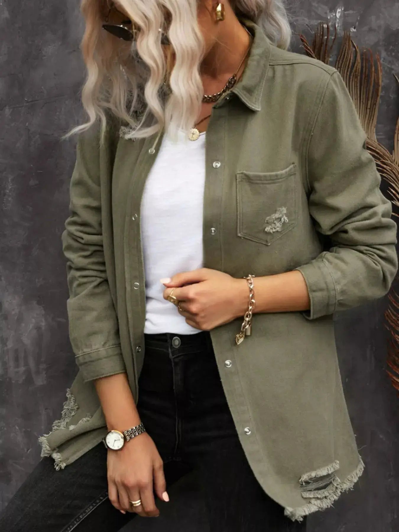 Raw Hem Distressed Denim Shirt Jacket by Trendsi