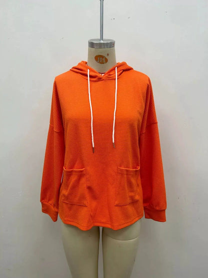 Full Size Waffle Knit Drawstring Long Sleeve Hoodie Plus Size by Trendsi
