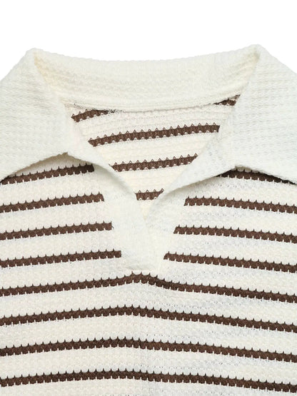 Striped Polo Collar Knit Sweatshirt by Trendsi