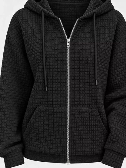 Waffle Knit Zip-Up Hoodie with Drawstring and Pockets by Trendsi