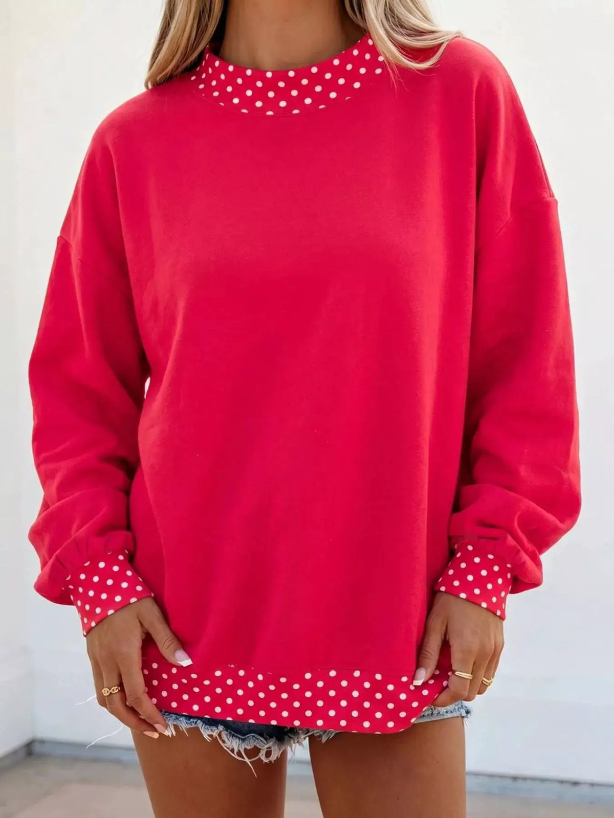 Polka Dot Trim Contrast Crew Neck Sweatshirt by Trendsi