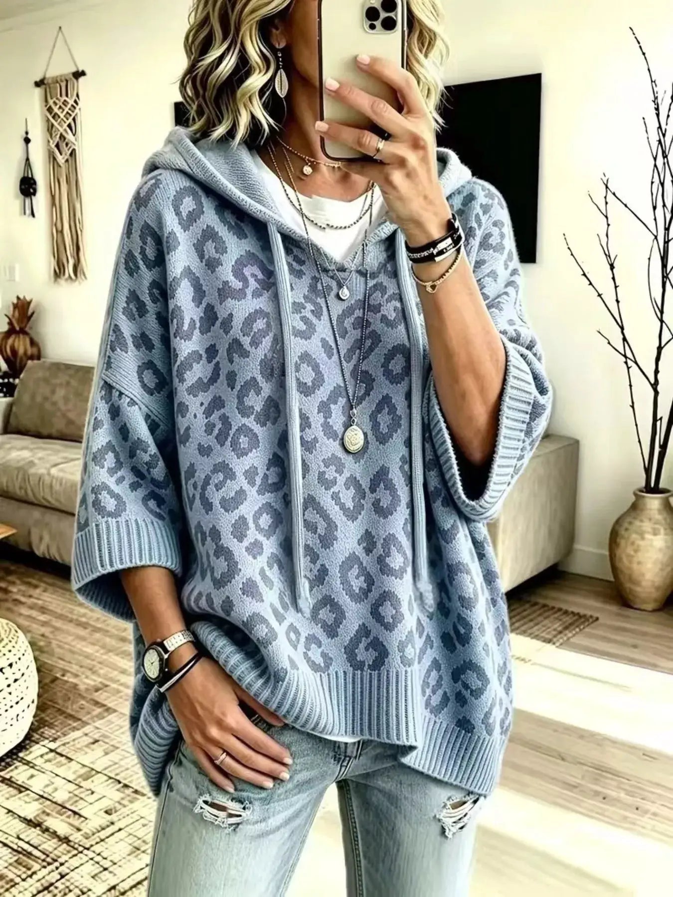 Drawstring Leopard Hooded Sweater by Trendsi