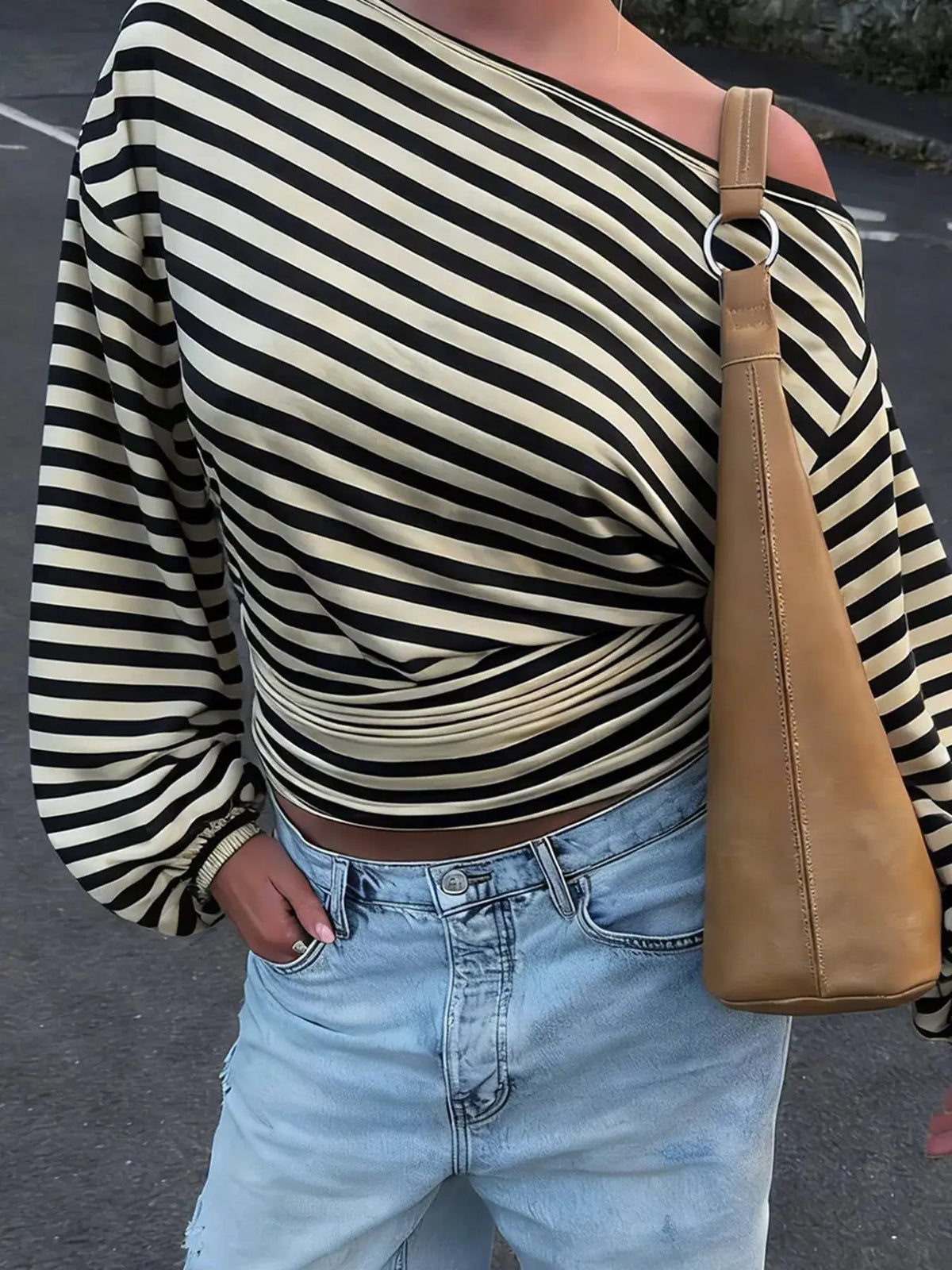 One Shoulder Striped Long Sleeve Slim-Fit T-Shirt by Trendsi