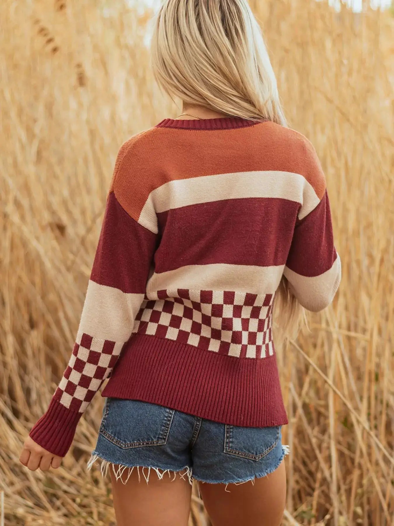 Checkered Color Block Knitted Drop Shoulder Sweater by Trendsi