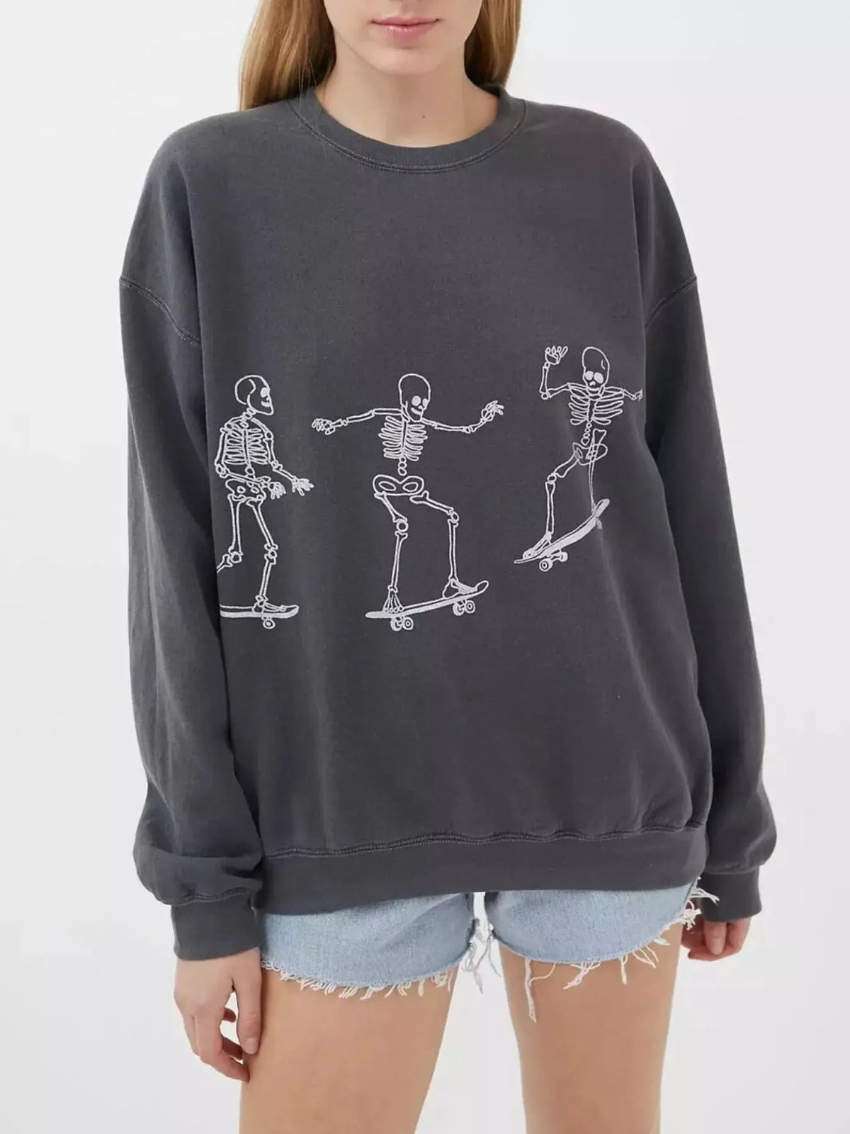 Skeleton Graphic Round Neck Sweatshirt by Trendsi