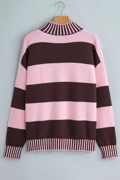Stripe Contrast High Neck Dropped Shoulder Relaxed Sweater by Trendsi