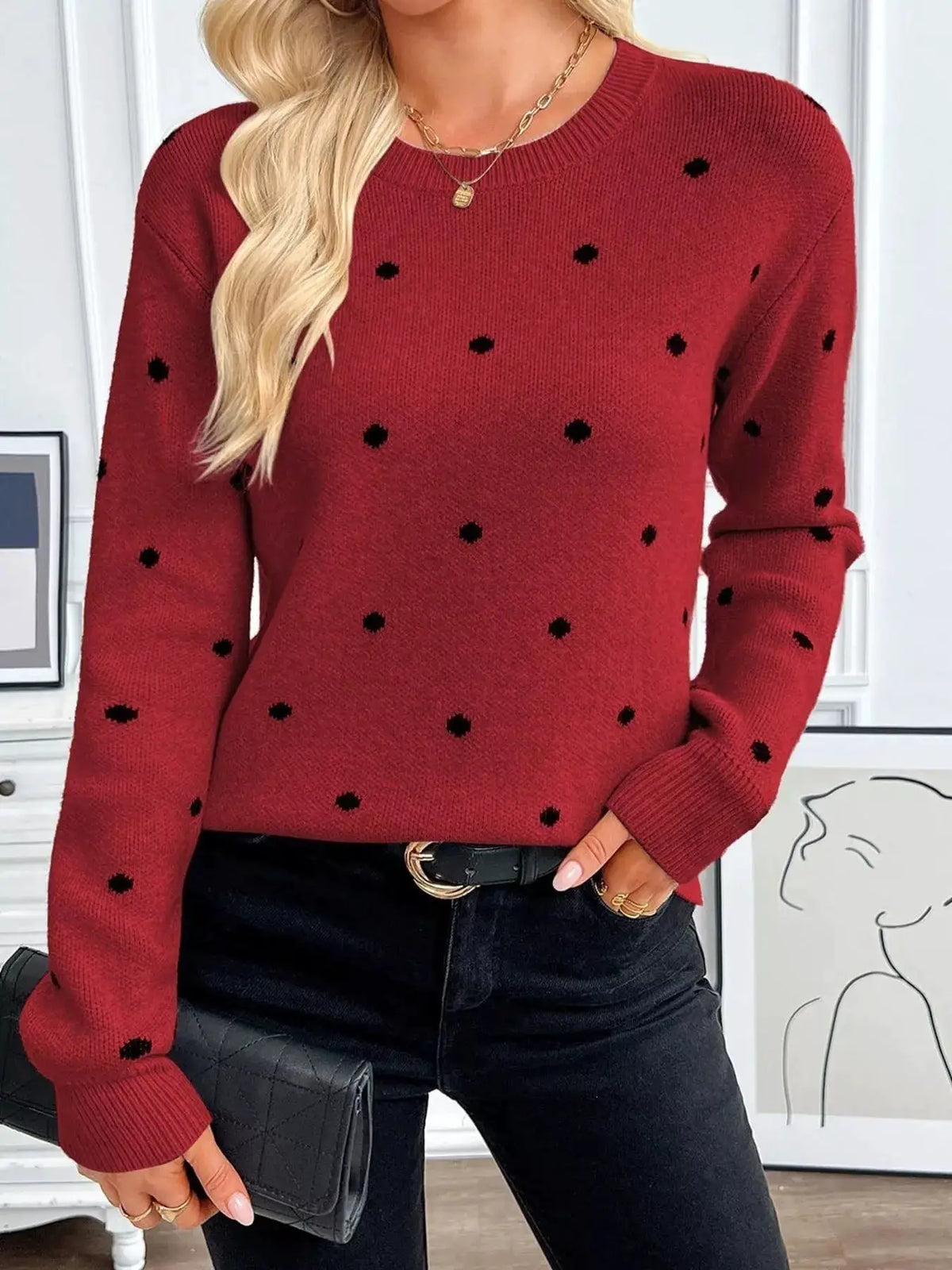Polka Dot Crew Neck Sweater by Trendsi