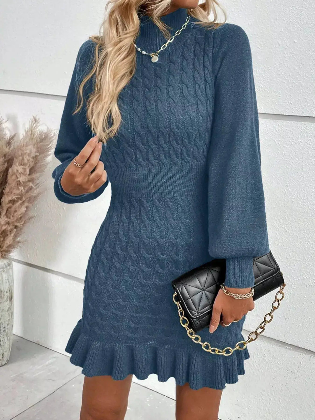 Cable Knit Mock Neck Ruffle Hem Sweater Dress by Trendsi