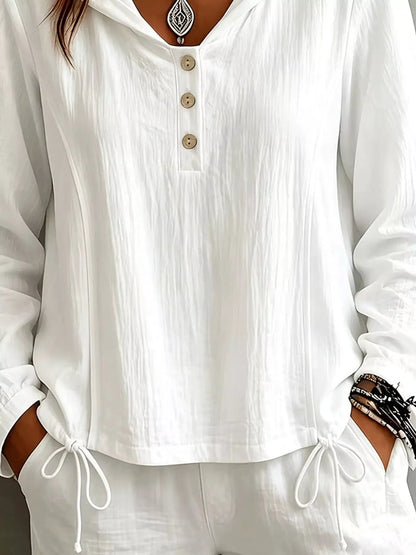 Button Detail Long Sleeve Hooded Blouse by Trendsi