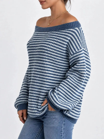 Striped Knit Boat Neck Sweater by Trendsi