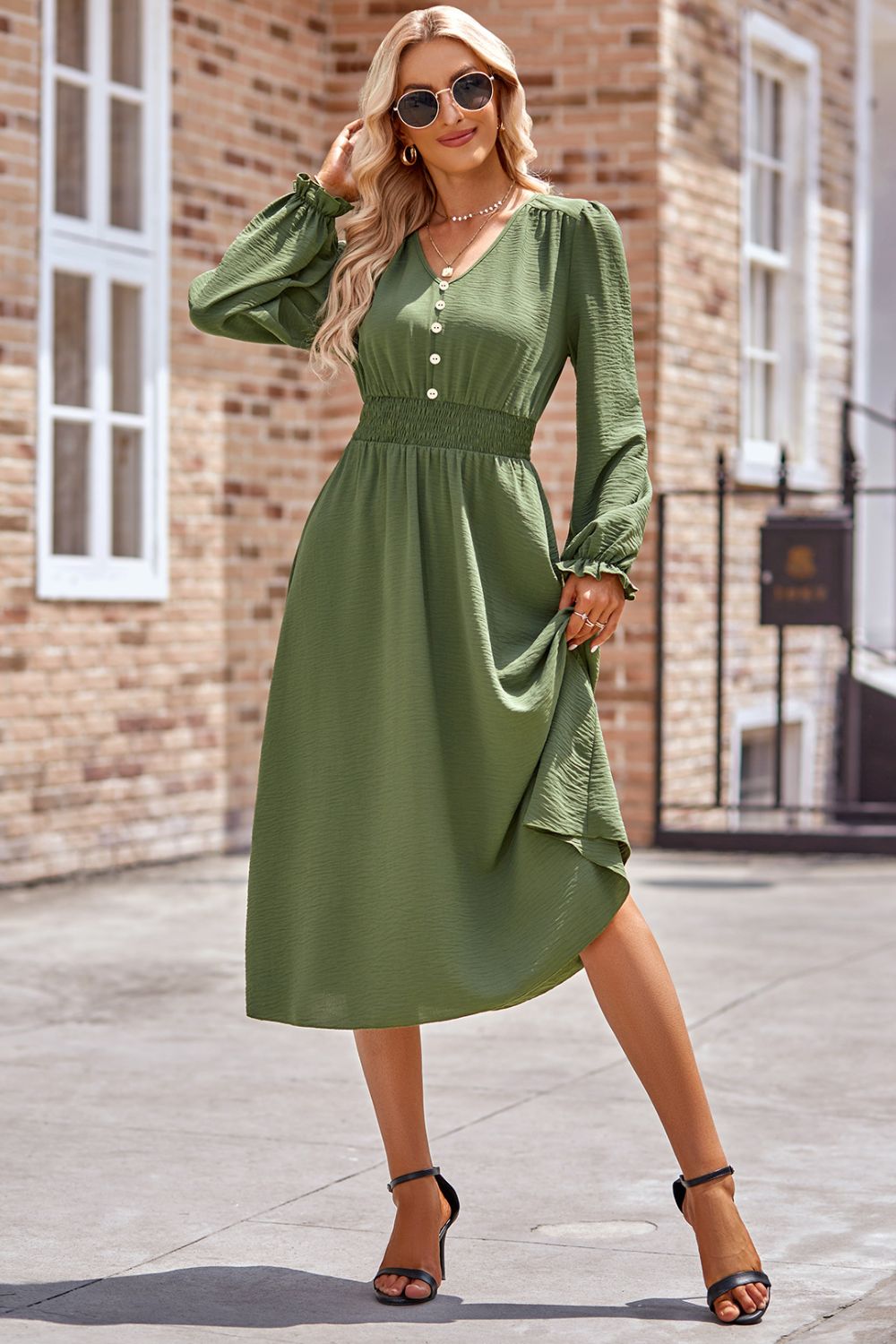 Smocked V-Neck Flounce Sleeve Midi Dress