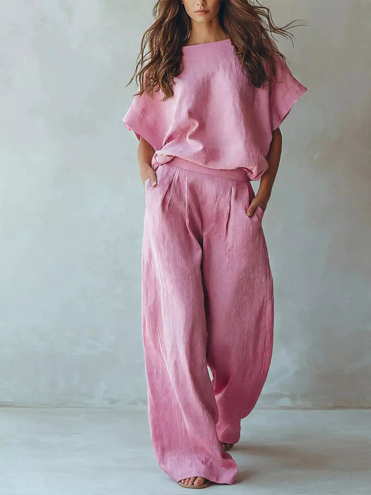 Full Size Solid Color Top and Wide-Leg Pants Set Plus Size by Trendsi
