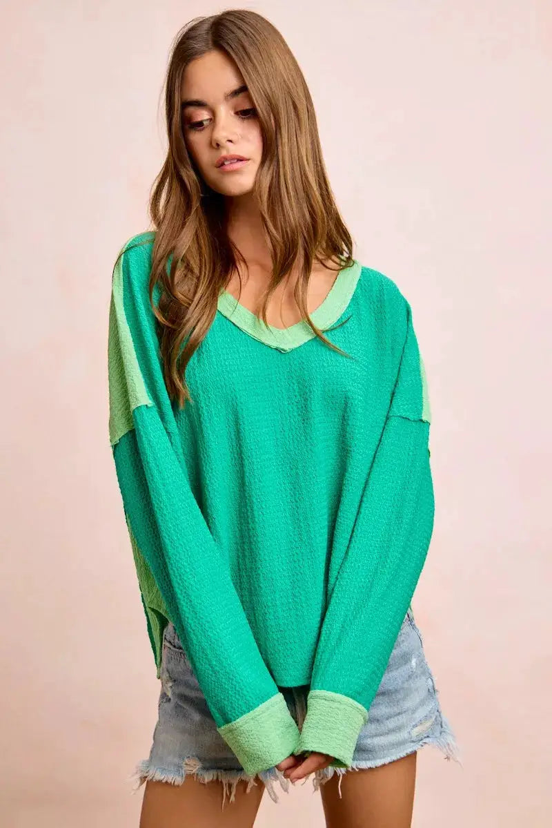 BiBi Textured Jersey Color Block Top With Cut Edge by Trendsi