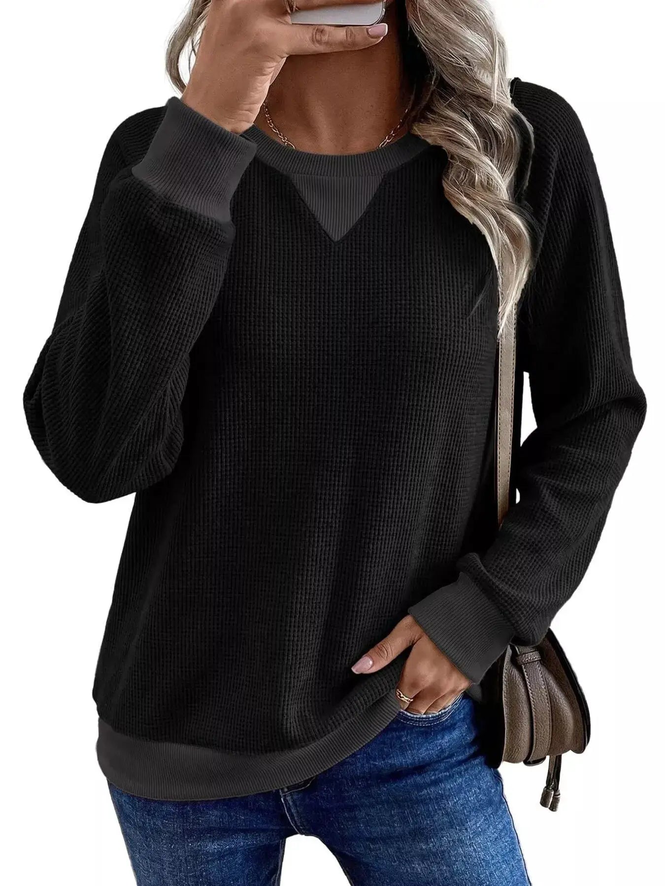 Waffle Knit Crew Neck Long Sleeve Sweatshirt by Trendsi