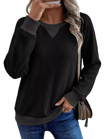 Waffle Knit Crew Neck Long Sleeve Sweatshirt by Trendsi