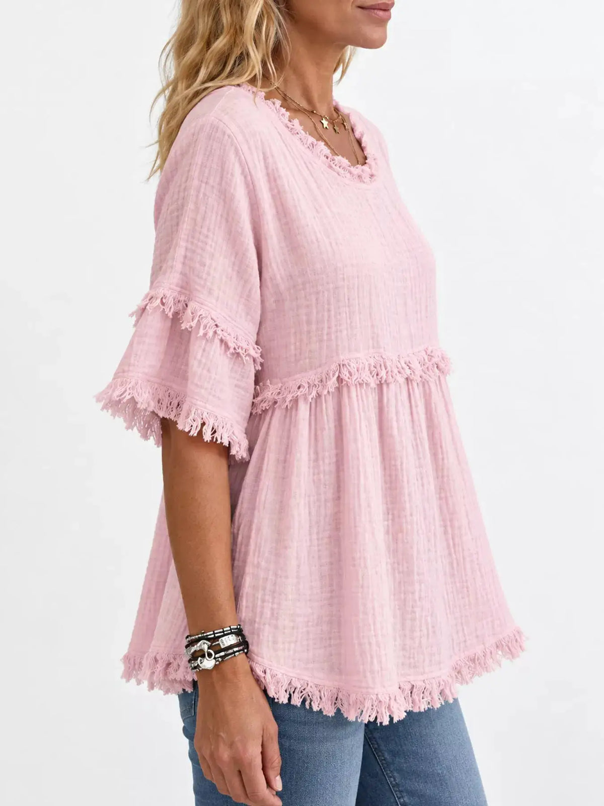 Full Size Frayed Edge Textured Blouse Plus Size by Trendsi